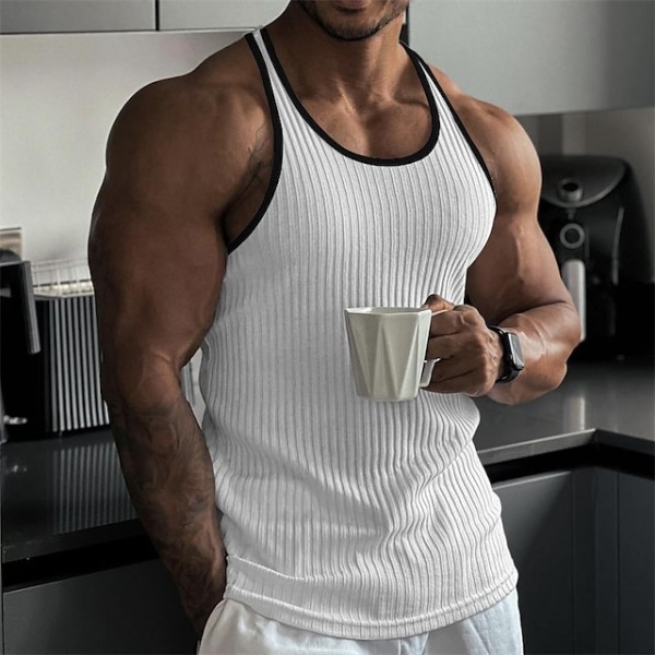 Men's Tank Top Rib Knit Top Wife beater Shirt Sleeveless Crew Neck Summer Color Block Pit Strip Fashion Designer Muscle Outdoor Going out Gym Black White Pink Top Tee for Men
