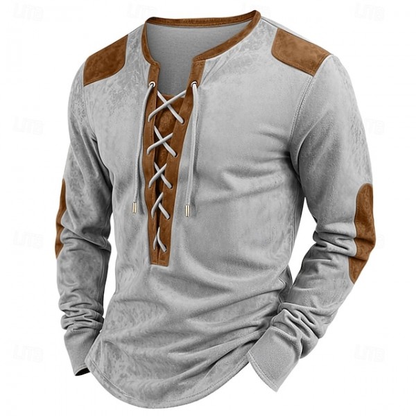 Men's Faux Suede Henley Shirt Tee Top Long Sleeve Shirt Patchwork Henley Outdoor Street Long Sleeve Drawstring Clothing Apparel Daily Casual Street Style