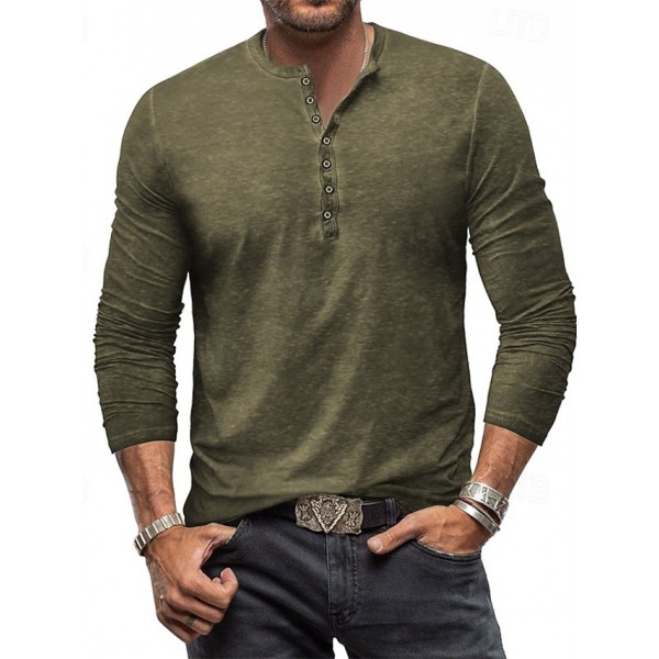 Men's Henley Shirt Tee Top Long Sleeve Shirt Plain Henley Street Vacation Long Sleeve Clothing Apparel 100% Cotton Vintage Fashion Basic