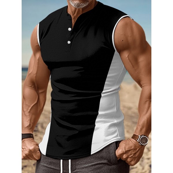 Men's Tank Top Vest Top Undershirt Sleeveless Shirt Sleeveless Henley Collar Summer Color Block Fashion Designer Muscle Buttons Outdoor Going out Gym Black White Red Top Tee for Men