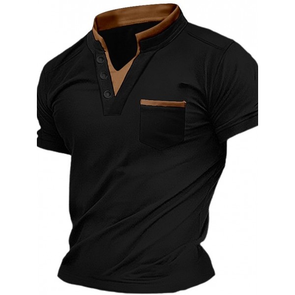 Men's Henley Shirt Tee Top Plain V Neck Street Vacation Short Sleeves Front Pocket Clothing Apparel Fashion Designer Basic