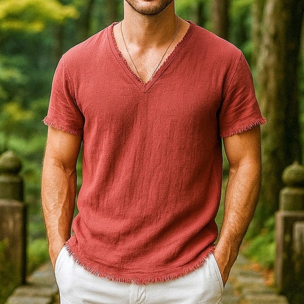 Men's Tee Top Linen T-Shirt Short Sleeves V Neck Summer Plain Fashion Designer Basic Tassel Minimalist Soft Vacation Casual Casual Daily Light Blue White Pink Top Tee for Men