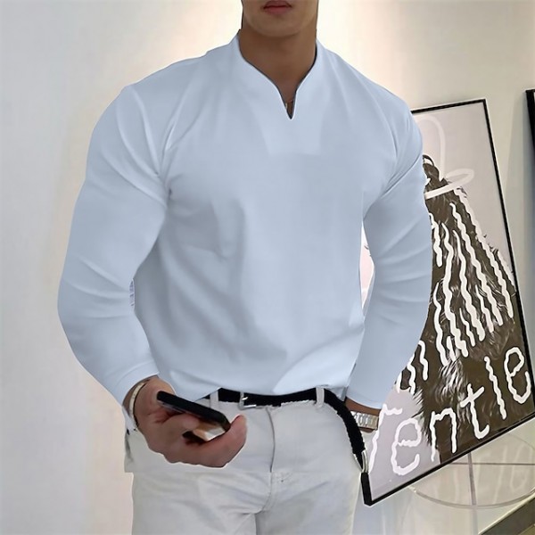 Men's T Shirt Long Sleeve Shirt Long Sleeve V Neck Spring &  Fall Plain Fashion Designer Casual Street Sports Holiday Black White Gray Top Tee for Men