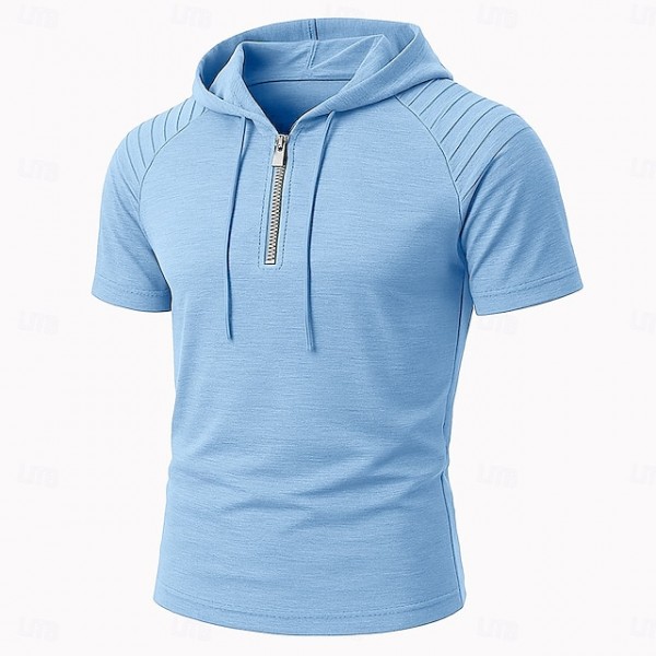 Men's Zip Up Hoodies Cotton T Shirt Tee Top Short Sleeve Hooded Half Zip Summer Plain Fashion Designer Basic Soft Vacation Street Casual Light Blue Light Green Brown Top Tee for Men