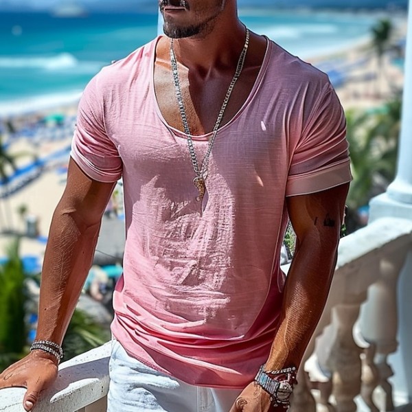 Men's Linen-Like T-shirt Short Sleeves Crew Neck Summer Plain Fashion Designer Basic Soft Vacation Street Casual Daily Pink Light Blue Beige Top Tee for Men