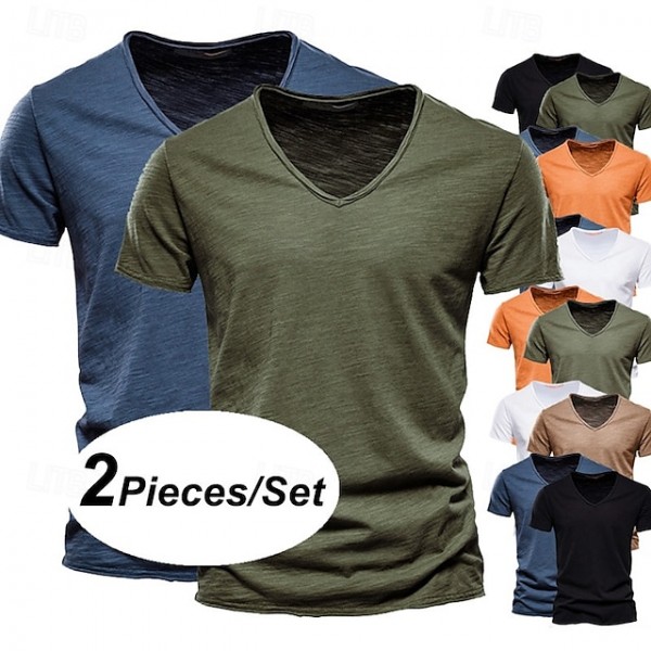 Men's T Shirt Tee Top Short Sleeves V Neck Summer Plain Fashion Designer Basic Vacation Street Going out White+Black White and Blue Orange / Green Top Tee for Men