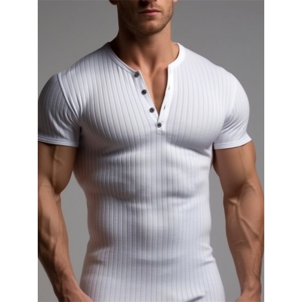 Men's T shirt Tee Henley Shirt Ribbed Knit tee Tee Top Plain Henley Street Vacation Short Sleeves Clothing Apparel Fashion Designer Basic