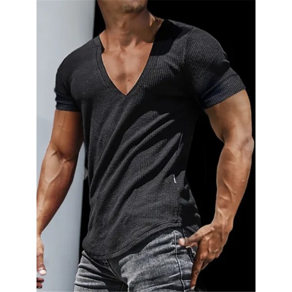 Men's T Shirt Rib Knit Top Ribbed Knit tee Short Sleeves V Neck Summer Plain Designer Basic Modern Contemporary Vacation Street Going out Black White Grey Top Tee for Men