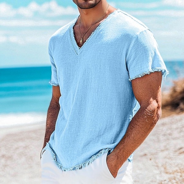 Men's Tee Top Linen T-Shirt Short Sleeves V Neck Summer Plain Fashion Designer Basic Soft Vacation Casual Daily Beach Light Blue White Pink Top Tee for Men