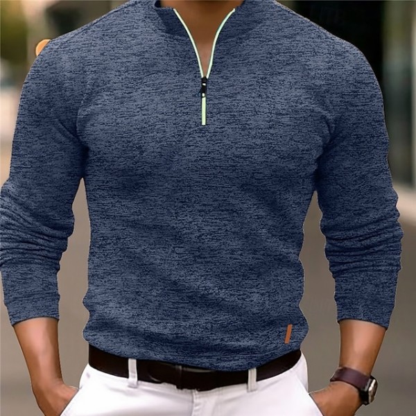 Men's Polo Shirt Quarter Zip Polo Sports & Outdoor Casual Daily Standing Collar Quarter Zip Long Sleeve Fashion Basic Solid Color Pocket Spring &  Fall Regular Fit Black Navy Blue Ocean Blue Orange