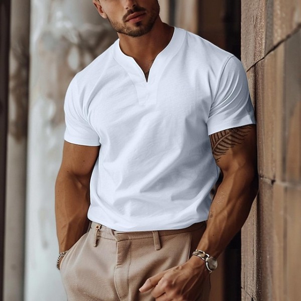 Men's T Shirt Short Sleeve Y Neck Summer Plain Sports Fashion Lightweight Classic Style Vacation Casual Holiday Light Blue Black White Top Tee for Men