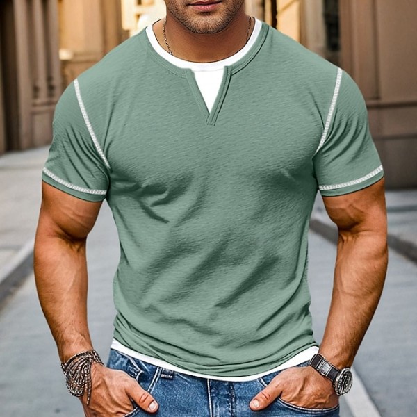 100% Cotton Men's T-Shirt V Neck Tee Fake two Piece Short Sleeve Shirt V Neck Summer Spring Solid Color Daily Casual Street Style Outdoor Street Causal Light Blue Light Green Dark Gray Top