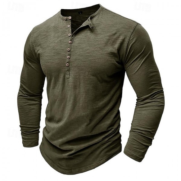 100% Cotton Men's Henley Shirt Tee Top Long Sleeve Shirt Long Sleeve Solid Color Fashion Daily Buttons Henley Outdoor Casual Summer Dark Brown Dark Grey Black Henley T-Shirt