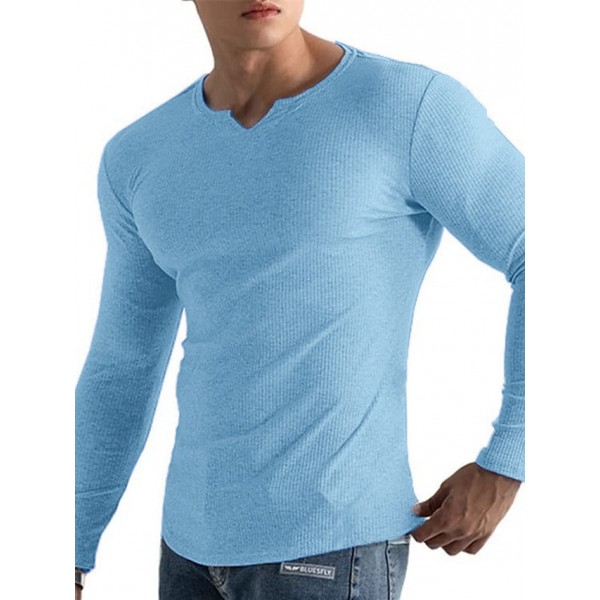 Men's T Shirt Ribbed Knit tee Tee Top Long Sleeve Shirt Long Sleeve V Neck Summer Plain Pit Strip Fashion Designer Basic Knitting Vacation Street Going out Black White Pink Top Tee for Men