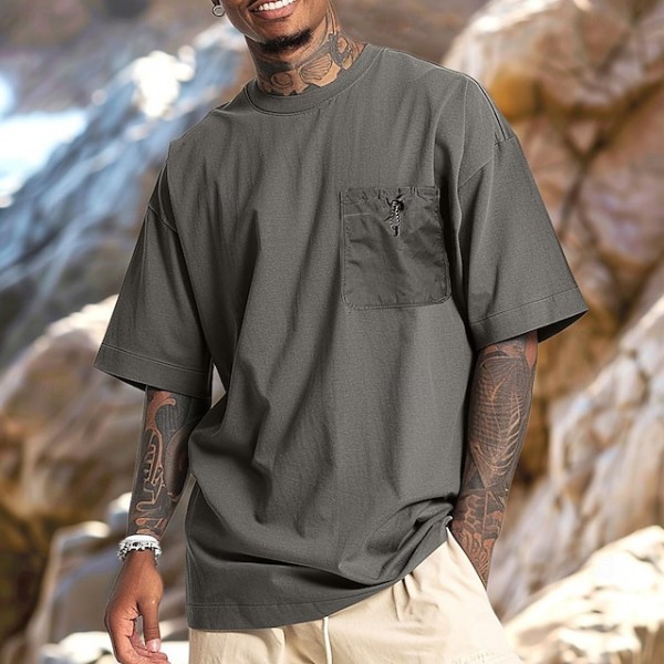 Men's Short Sleeve Shirt Tee Top Short Sleeve Crew Neck Summer Solid Color Daily Street Style Pocket Elastic Drawstring Design Outdoor Street Causal Drak Gray Green Navy Blue Top Tee for Men