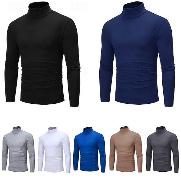 Men's T Shirt Long Sleeve Shirt Mock Turtleneck Long Sleeve Rolled collar Plain Vintage Essential Street Black White Navy Blue Top Tee for Men