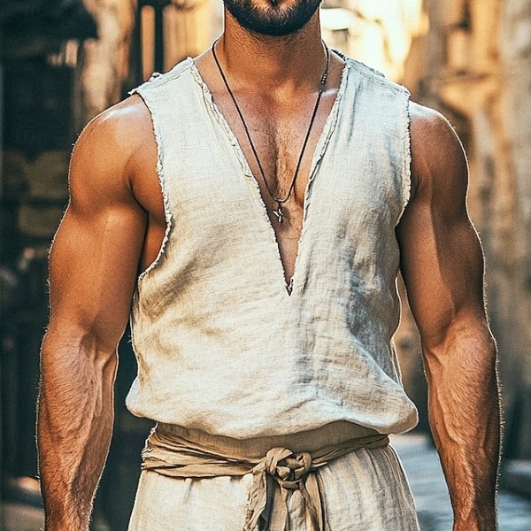 Men's Linen Shirt Tank Top Vest Undershirt Sleeveless V Neck Summer Plain Fashion Bohemian Classic Street Casual Sports Beige Top Tee for Men