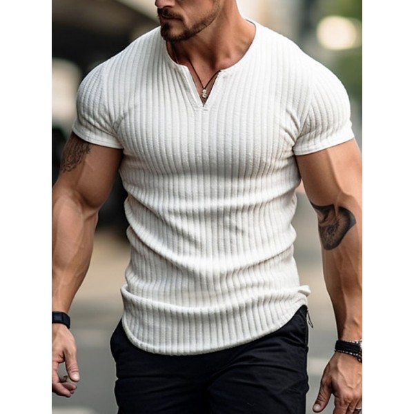 Men's T Shirt Ribbed Knit tee Tee Top Short Sleeves V Neck Summer Plain Pit Strip Fashion Designer Basic Vacation Street Going out Black White Khaki Top Tee for Men
