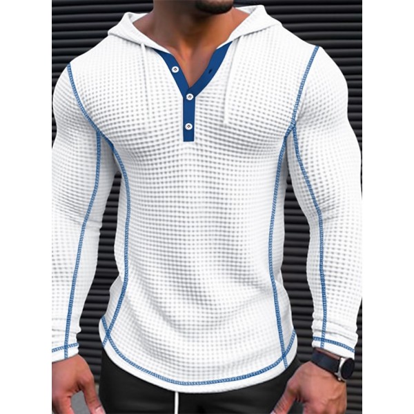 Men's T Shirt Waffle Henley Shirt Henley Shirt Tee Top Long Sleeve Henley Spring &  Fall Plain Fashion Designer Basic Patchwork Hooded Vacation Street Going out Black White Navy Blue Top Tee for Men