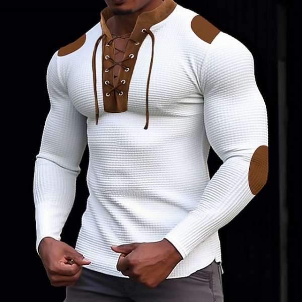 Men's T Shirt Waffle Knit Tee Tee Top Long Sleeve Shirt Long Sleeve Standing Collar Spring &  Fall Color Block Fashion Designer Basic Lace up Patchwork Vacation Street Going out Black White Blue Top