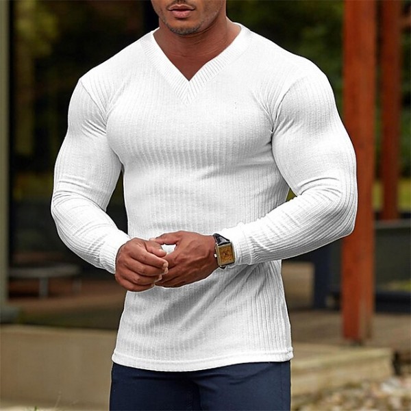 Men's T Shirt Ribbed Knit tee Tee Top Long Sleeve V Neck Summer Plain Pit Strip Fashion Designer Basic Vacation Street Going out Wine Black White Top Tee for Men
