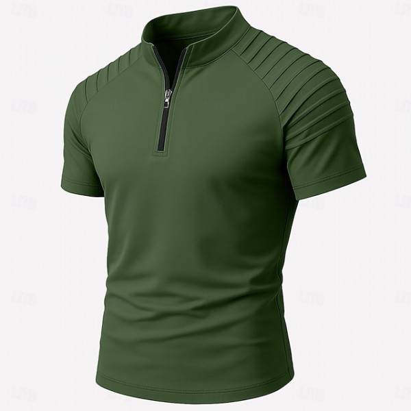 Men's T Shirt Zip Polo Tee Top Short Sleeves Quarter Zip Summer Solid Color Plain Fashion Designer Basic Ruched Vacation Street Casual Light Blue Black Blue Top Tee for Men