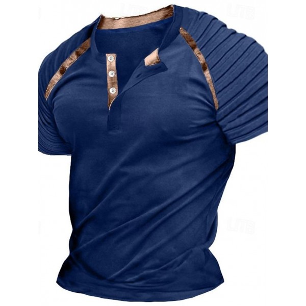 Men's Henley Shirt Raglan T Shirt Plain Slim Pleated Henley Outdoor Daily Short Sleeve Patchwork Pleats Clothing Apparel Fashion Designer Casual