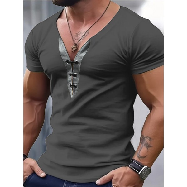 Men's T Shirt Tee Top Long Sleeve V Neck Spring & Summer Plain Fashion Designer Basic Lace up Vacation Street Going out Black Blue Green Top Tee for Men