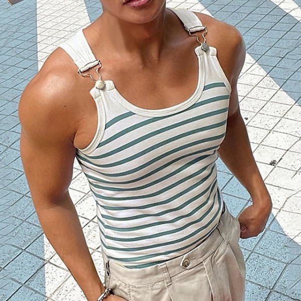 Men's Tank Top Undershirt Sleeveless Shirt Sleeveless Crewneck Summer Stripes Fashion Designer Muscle Buttons Outdoor Going out Gym Green Top Tee for Men