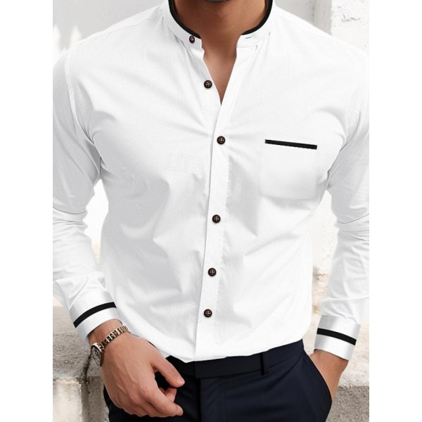 Men's Shirt Band Collar Shirt Dress Shirt Oxford Shirt Button Up Shirt Wedding Vacation White Navy Blue Gray Light Blue Long Sleeve Standing Collar Spring & Summer Clothing Apparel Front Pocket