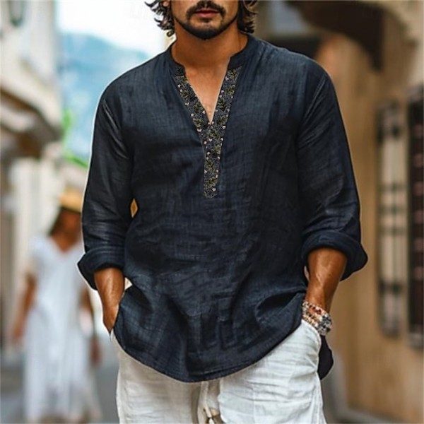 Men's Shirt Popover Shirt Summer Shirt Beach Shirt Plain Casual Daily Black Long Sleeve Band Collar Spring & Summer Clothing Apparel