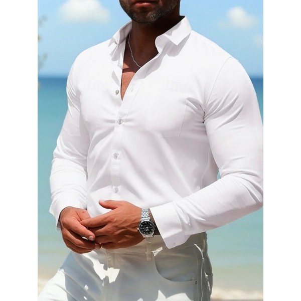 Men's Casual Summer T Shirt Casual Shirt Standard Fit Long Sleeve Lapel Solid Color Polyester Black White Pink 2025