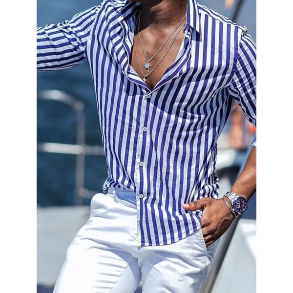 Men's Shirt Summer Shirt Beach Shirt Striped Hawaiian Holiday Black Blue Green Long Sleeve Lapel Spring & Summer Clothing Apparel Print
