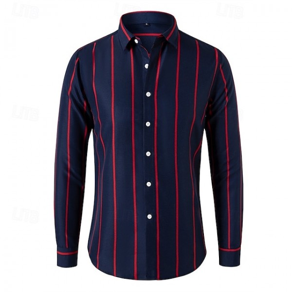 Men's Shirt Dress Shirt Button Up Shirt Stripe Wedding Party Black White Red Dark Green Long Sleeve Lapel Spring &  Fall Clothing Apparel