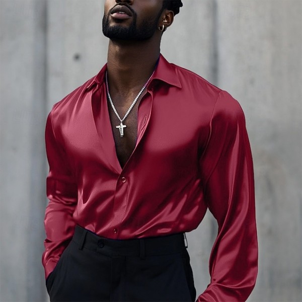 Men's Shirt Satin Shirt Casual Shirt Button Up Shirt Plain Wedding Vacation Black White Wine Blue Long Sleeve Lapel Spring &  Fall Clothing Apparel Buttons