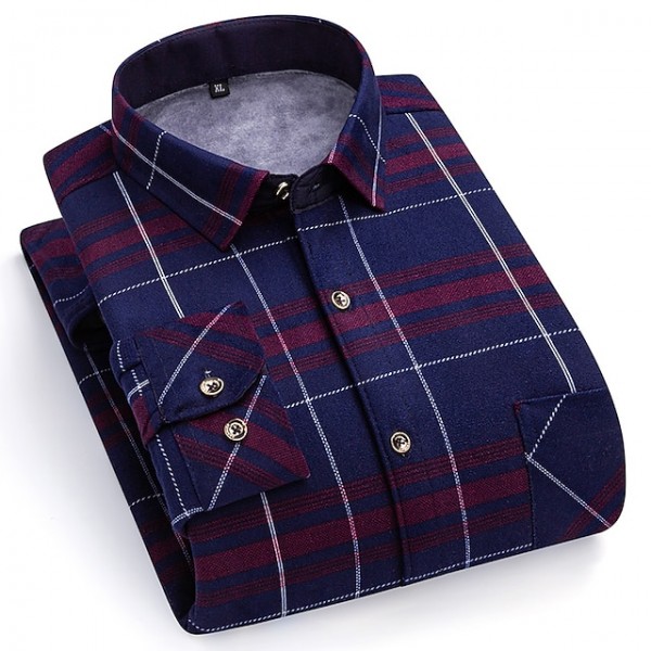 Men's Shacket Plaid / Striped / Chevron / Round Vacation New Year Dark Red Dark Navy Royal Blue Blue Long Sleeve Classic Collar Fall / Winter Clothing Apparel Print