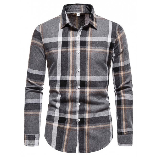 Men's Shirt Plaid Outdoor Daily Gray Long Sleeve Lapel Spring &  Fall Clothing Apparel Print
