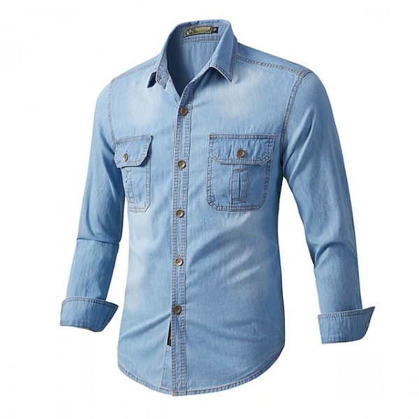 Men's Shirt Denim Shirt Solid Colored Outdoor Vacation Blue Light Blue Long Sleeve Turndown Summer Spring Clothing Apparel Button-Down