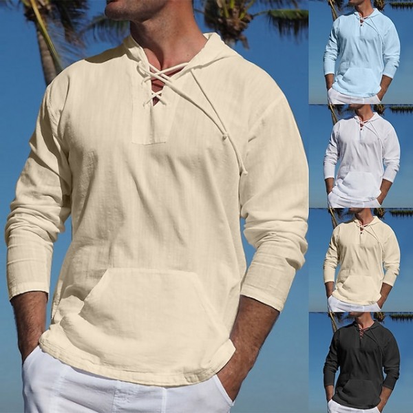 Men's Shirt Summer Shirt Beach Shirt Solid Color Street Casual Black White Blue Khaki Long Sleeve Hooded Summer Clothing Apparel