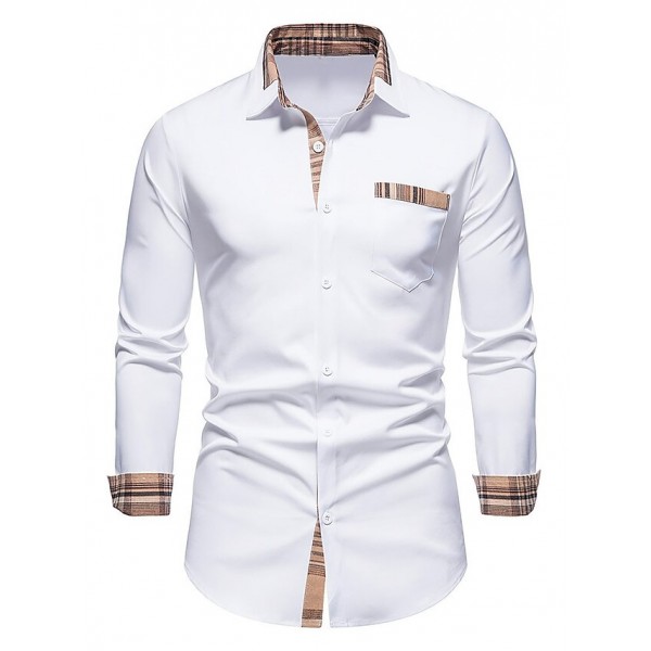 Men's Dress Shirt Casual Shirt Button Up Shirt Plain Wedding Vacation Black White Navy Blue Long Sleeve Lapel Spring & Summer Clothing Apparel Front Pocket