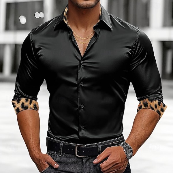 Men's Shirt Satin Shirt Casual Shirt Button Up Shirt Leopard Wedding Vacation Black White Wine Green Long Sleeve Lapel Spring &  Fall Clothing Apparel Patchwork