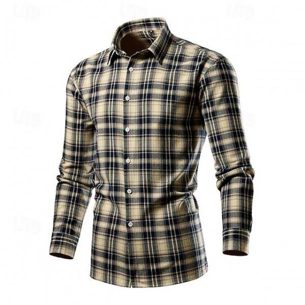 Men's Shirt Dress Shirt Button Up Shirt Plaid Wedding Party Yellow Red Blue Brown Long Sleeve Lapel Spring &  Fall Clothing Apparel