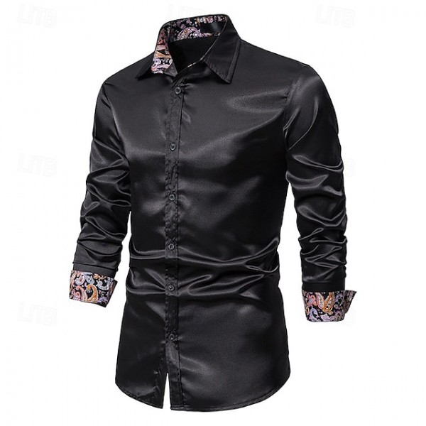 Men's Shirt Satin Shirt Casual Shirt Button Up Shirt Paisley Wedding Vacation Black Champagne Navy Blue Long Sleeve Collar Spring &  Fall Clothing Apparel