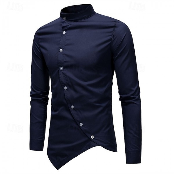 Men's Shirt Dress Shirt Button Up Shirt Plain Wedding Party Navy Blue Long Sleeve Stand Collar Spring &  Fall Clothing Apparel