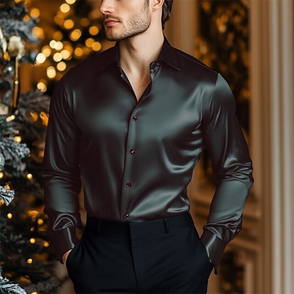 Men's Shirt Satin Shirt Casual Shirt Button Up Shirt Plain Wedding Vacation Black Wine Royal Blue Green Long Sleeve Lapel Spring &  Fall Clothing Apparel