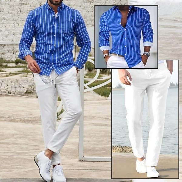 Men's Matching Sets Blue Shirt Button Up Shirt Casual Shirt Trousers Casual Pants Sets Long Sleeve Lapel Casual Daily Streetwear Stripes 2 Piece Polyester Spring &  Fall