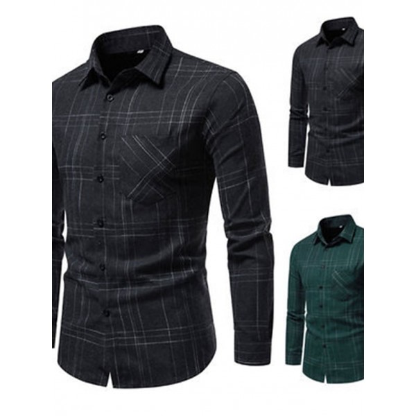 Men's Plaid Shirt Button Up Shirt Plaid Outdoor Daily Black Green Long Sleeve Lapel Spring &  Fall Clothing Apparel Pocket