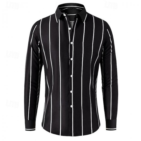 Men's Shirt Button Up Shirt Stripes Wedding Party Black White Red Dark Green Long Sleeve Lapel Spring &  Fall Clothing Apparel