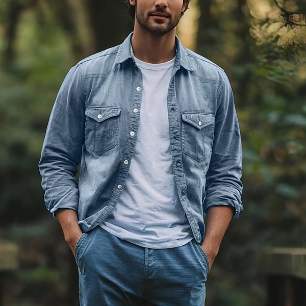 Men's Shirt Chambray Shirt Casual Shirt Button Up Shirt Denim Shirt Plain Vacation Daily Black Navy Blue Blue Light Blue Long Sleeve Collar Spring & Summer Clothing Apparel