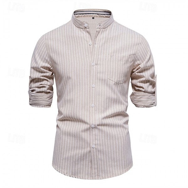 Men's Shirt Chinese Collar Shirt Mandarin Collar Shirt Dress Shirt Button Up Shirt Stripe Wedding Party khaki Long Sleeve Grandad Collar Spring &  Fall Clothing Apparel
